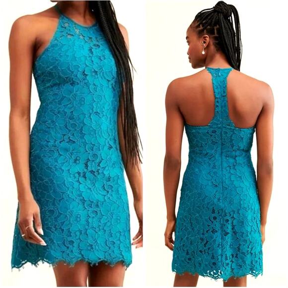 Anthropologie x Hutch S Lace Halter Racerback Mini Dress Fit & Flare Teal Blue - Picture 1 of 10